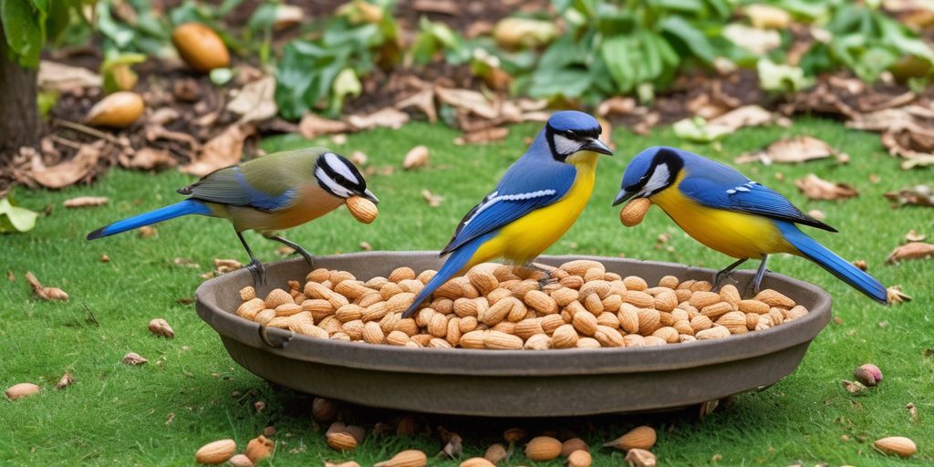 birds eating peanuts in a garden