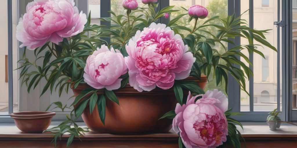 peonies in a pot on a balcony